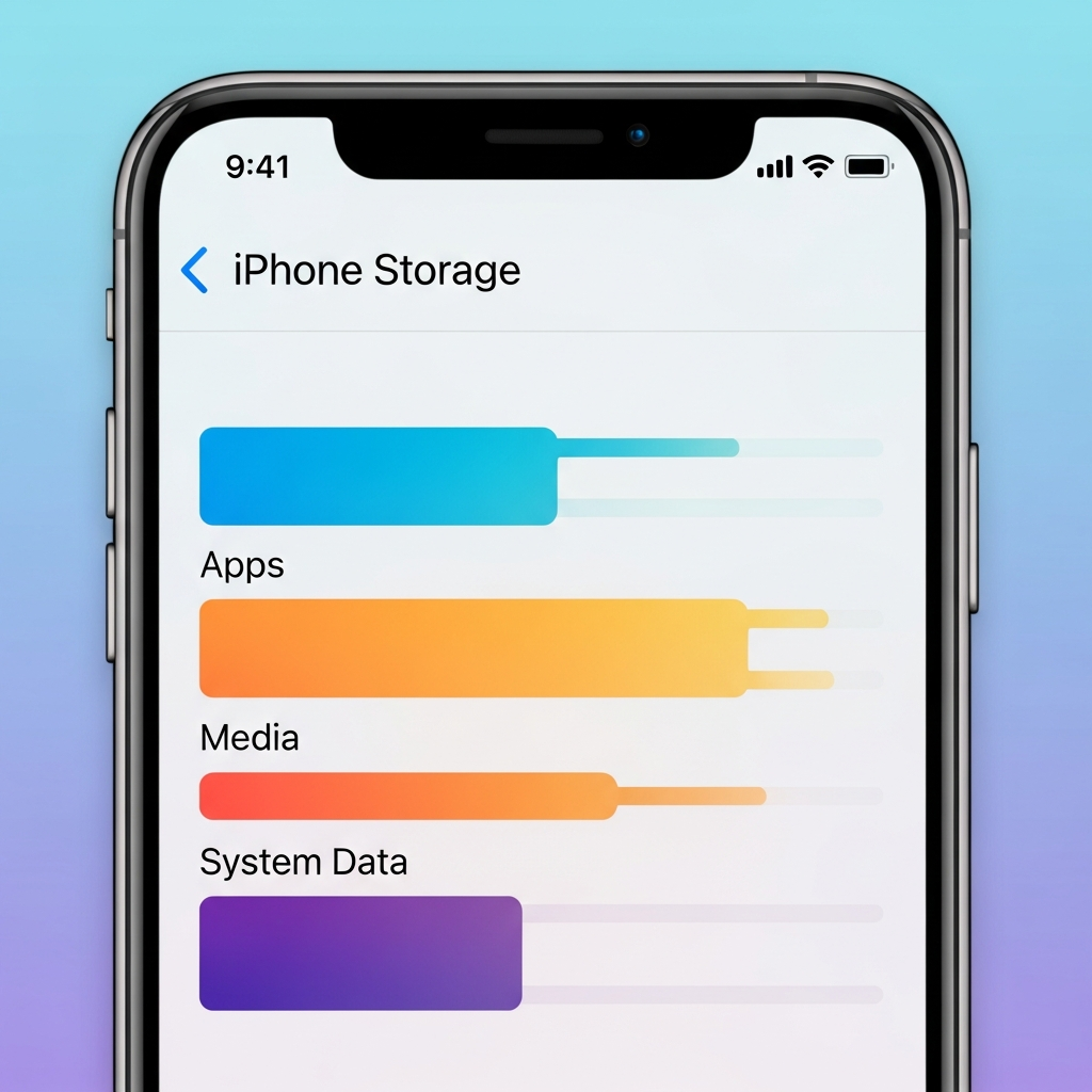 A close-up of an iPhone screen showing the "iPhone Storage" menu, with categories like "Apps", "Media", and "System Data" clearly visible. The overall style is a clean infographic with a gradient background, no text, visually rich.
