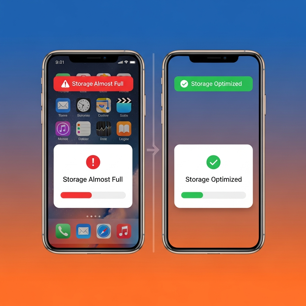 A clean, modern infographic showing an iPhone screen with a "Storage Almost Full" warning being replaced by a "Storage Optimized" notification. Colored gradient background, high contrast, no visible text.