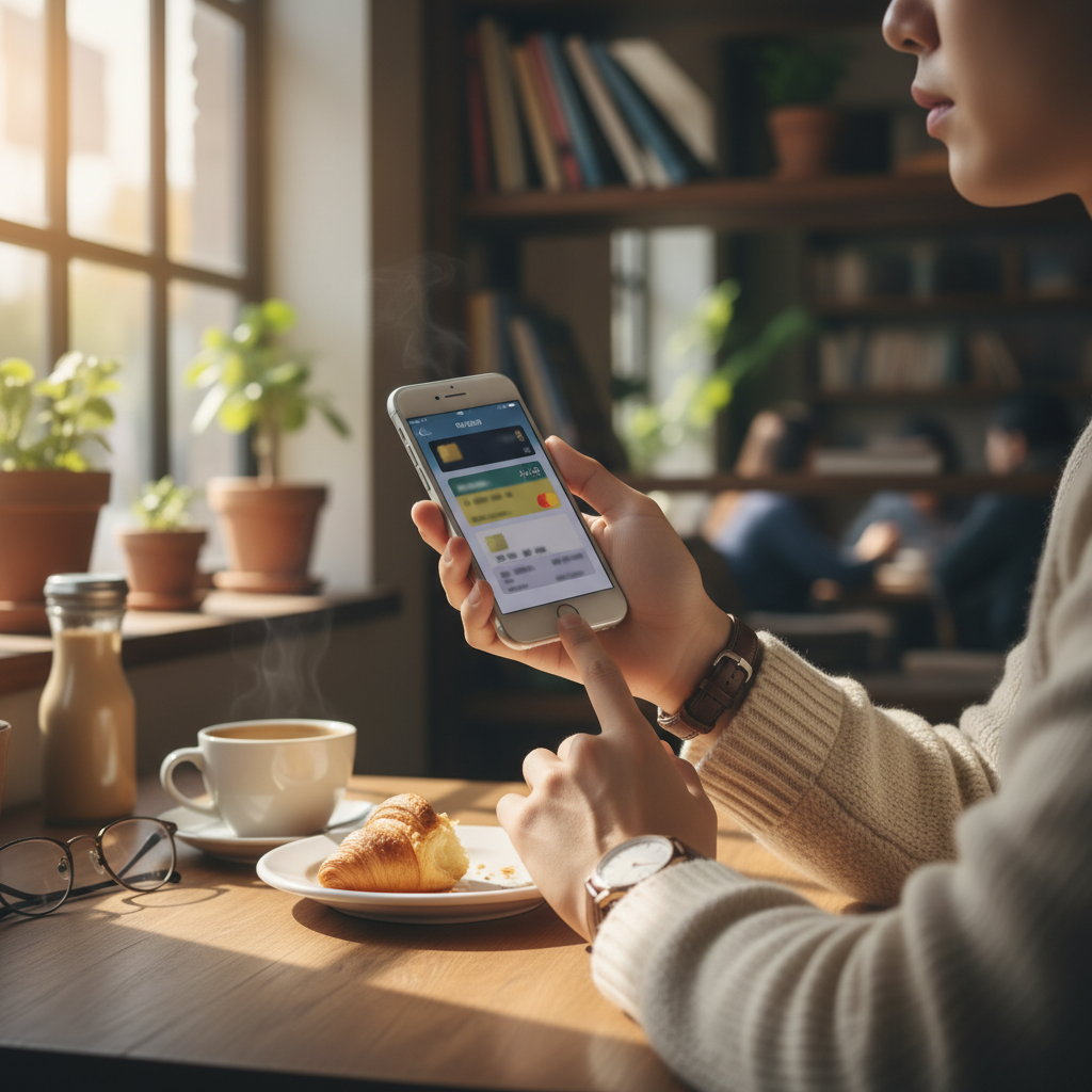 A Korean person holding an iPhone displaying the Apple Wallet app in a cozy cafe, soft natural lighting, lifestyle photography, warm tones, high quality, aspect ratio 4:3