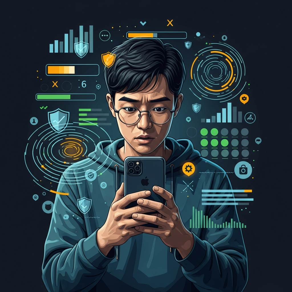 An iPhone user looking concerned at their phone, surrounded by abstract digital elements representing updates and security. Style: clean infographic, modern layout, high contrast. No text. Korean appearance, centered focus.