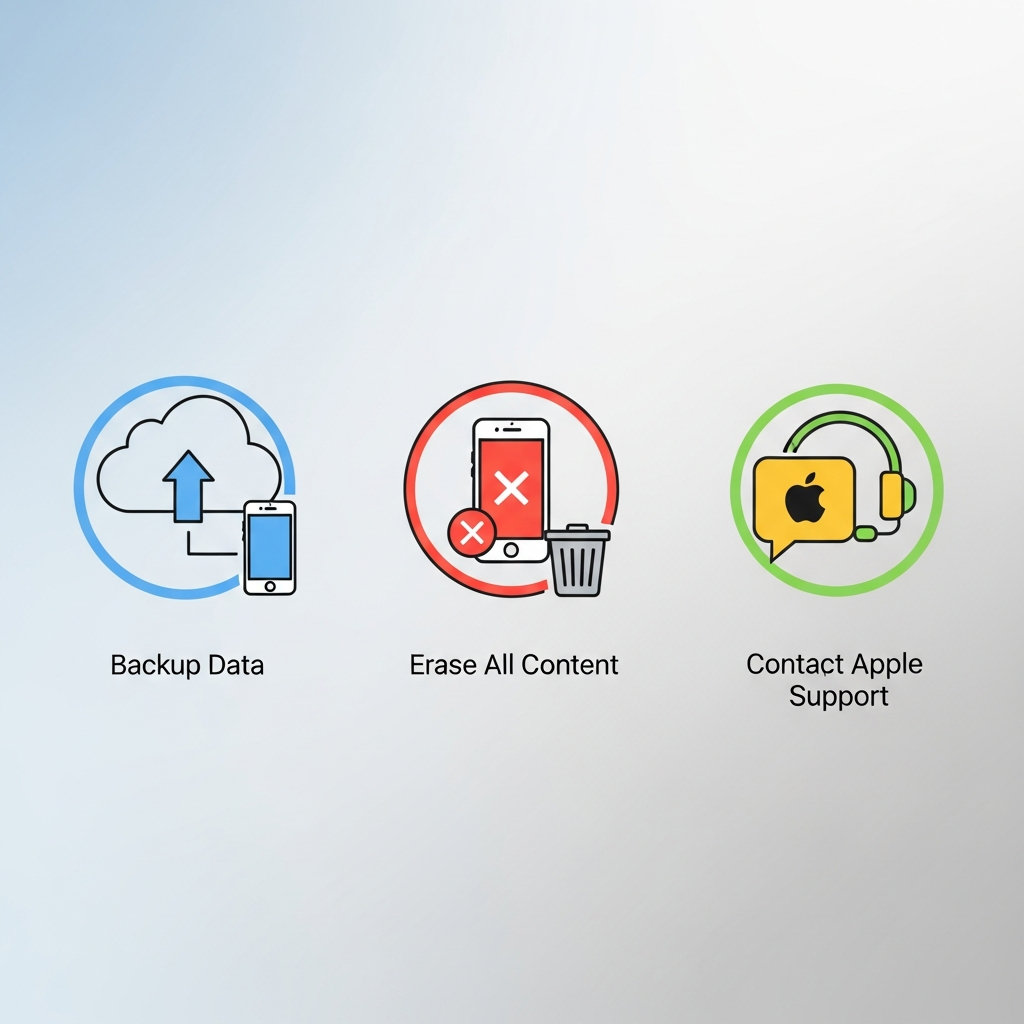 An illustrative infographic showing the process of factory resetting an iPhone and contacting Apple support. It includes icons for backup, erase all content, and a chat bubble for support, all against a sleek, modern background. The focus is on problem-solving. No visible text.