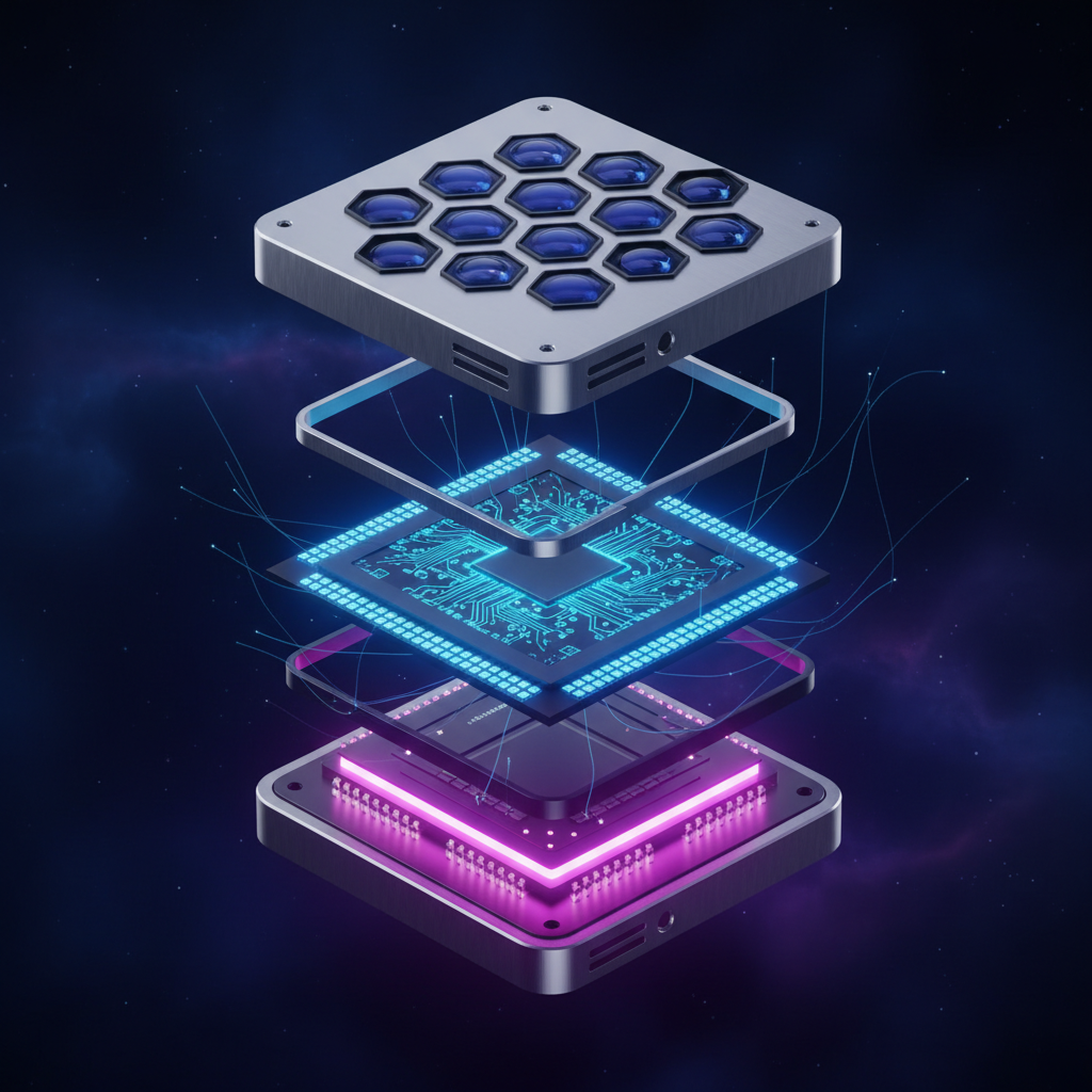 3D exploded view of a smartphone camera sensor with three layered components, metallic and futuristic feel, glowing light effects, high contrast blue and purple background, no text, 1:1