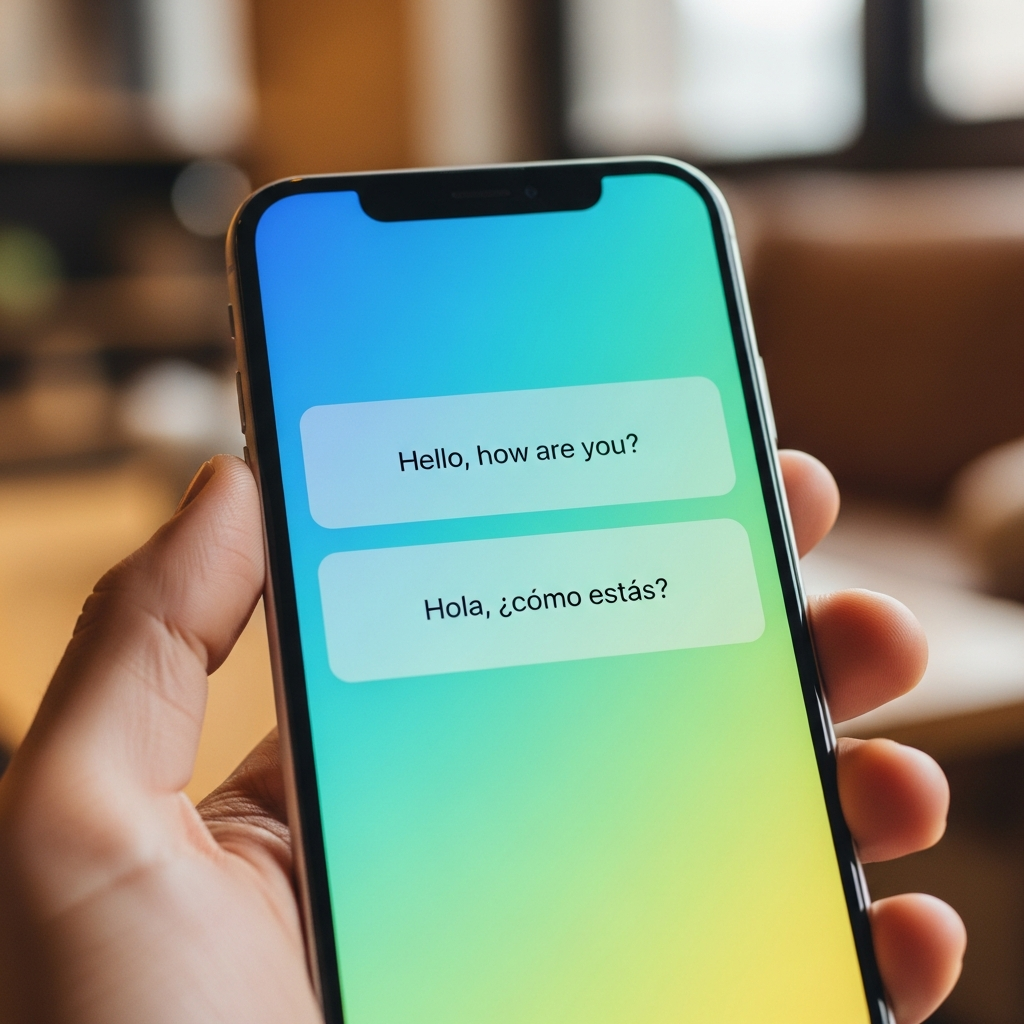 Close up of an iPhone screen displaying a translation app interface with English and Spanish text, clean modern layout, colorful background, lifestyle setting, no text