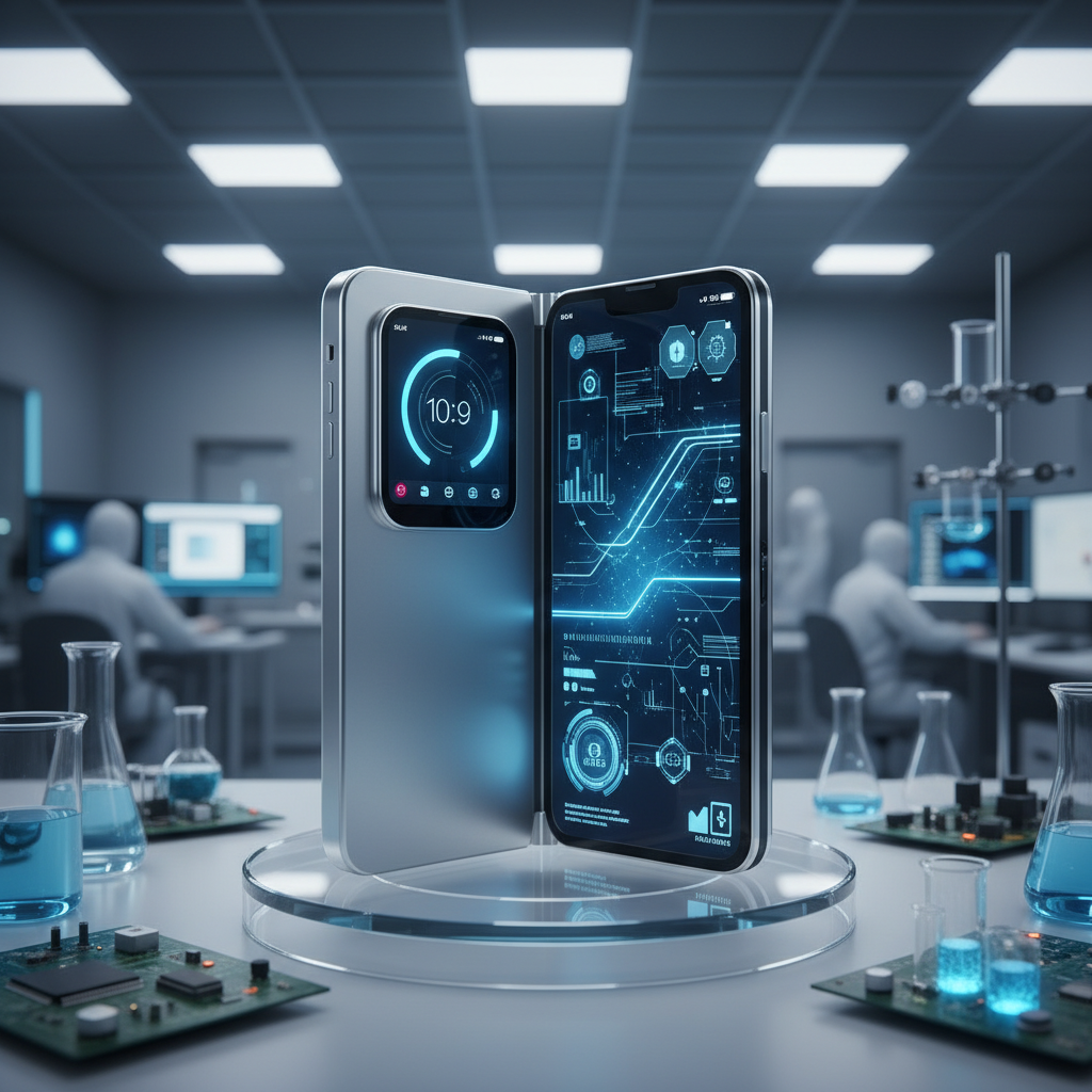 A sleek foldable iPhone concept in a book-style form factor, showing a compact outer display and a larger inner screen, modern laboratory setting, high-tech aesthetic, soft blue and silver lighting, no text