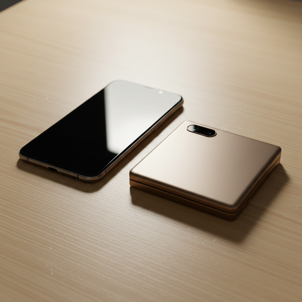 Two devices side by side on a wooden table, one is a standard large smartphone and the other is a compact folded device, professional photography, soft shadows, elegant composition, no text
