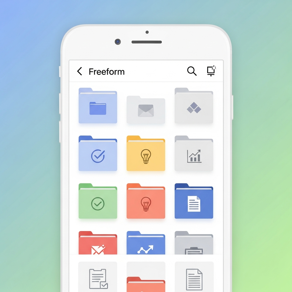 A modern infographic showing a clean, organized interface of the Freeform app on an iPhone screen, with new folder icons and labels, suggesting enhanced productivity. The background is a soft, gradient color, clean infographic, modern layout, high contrast, no text.