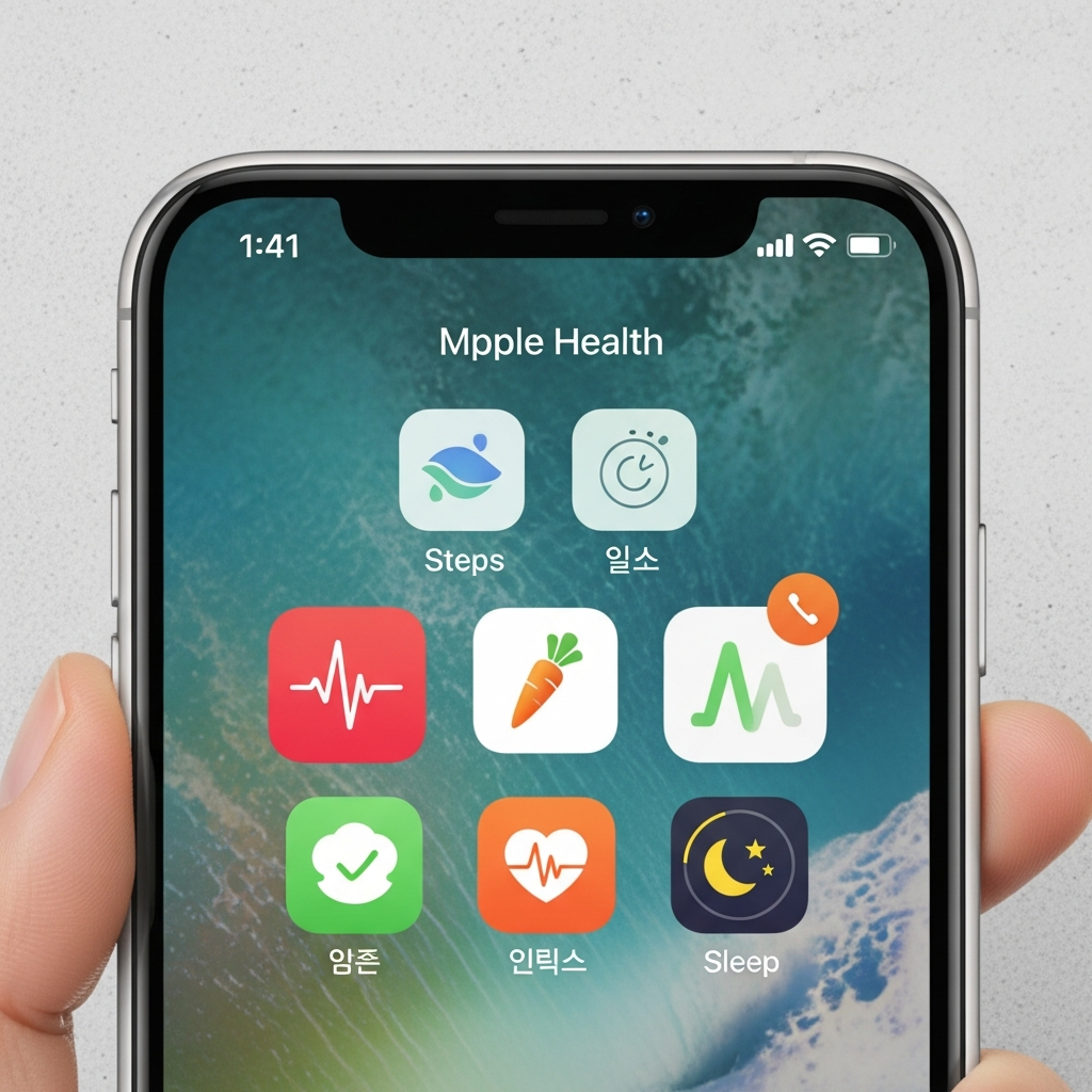 A close-up of an iPhone screen displaying various Apple Health app icons like steps, heart rate, sleep, and an unusual carrot icon among them, subtly hinting at new integration. Style: clean infographic, modern layout, high contrast. Background: textured light gray. No visible text on phone screen. Korean appearance hand holding phone, natural expression.