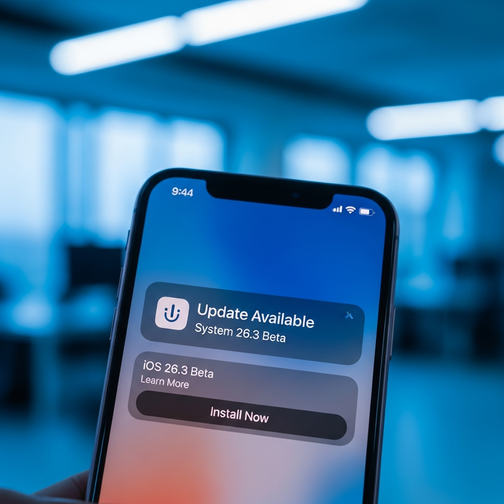 A close-up lifestyle photograph of an iPhone screen displaying an iOS 26.3 beta update notification, with a vibrant, blurred background of a modern office, bright lighting, no text.