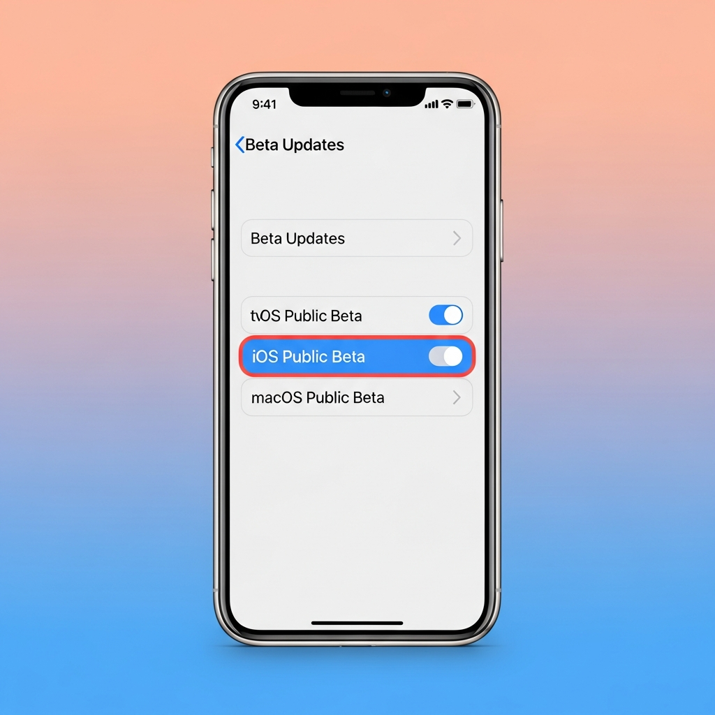 A detailed infographic-style image showing an iPhone screen with the 'Beta Updates' section highlighted, selecting 'iOS Public Beta,' clean layout, high contrast, colored gradient background, no text.