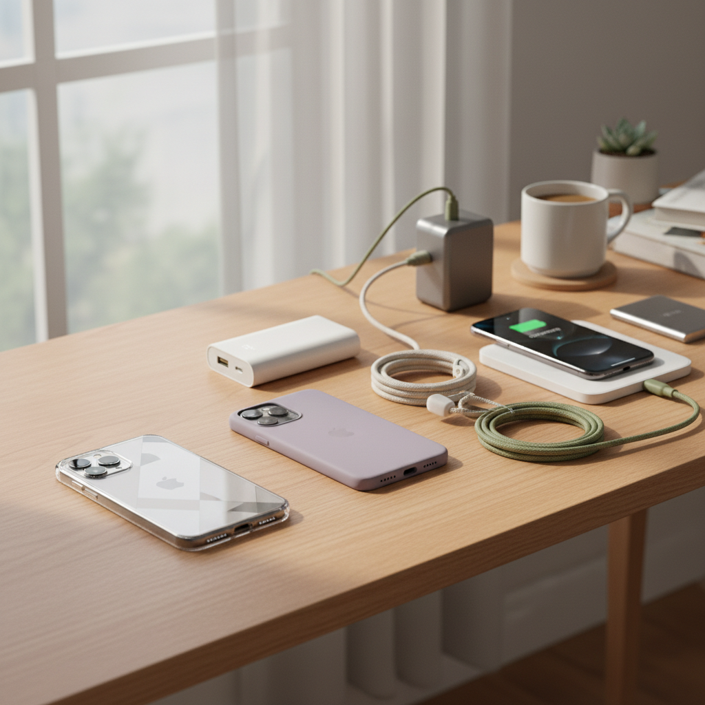 A collection of modern iPhone accessories like cases, power banks, and chargers arranged on a wooden desk, lifestyle photography, warm natural lighting, Korean home office setting, no text