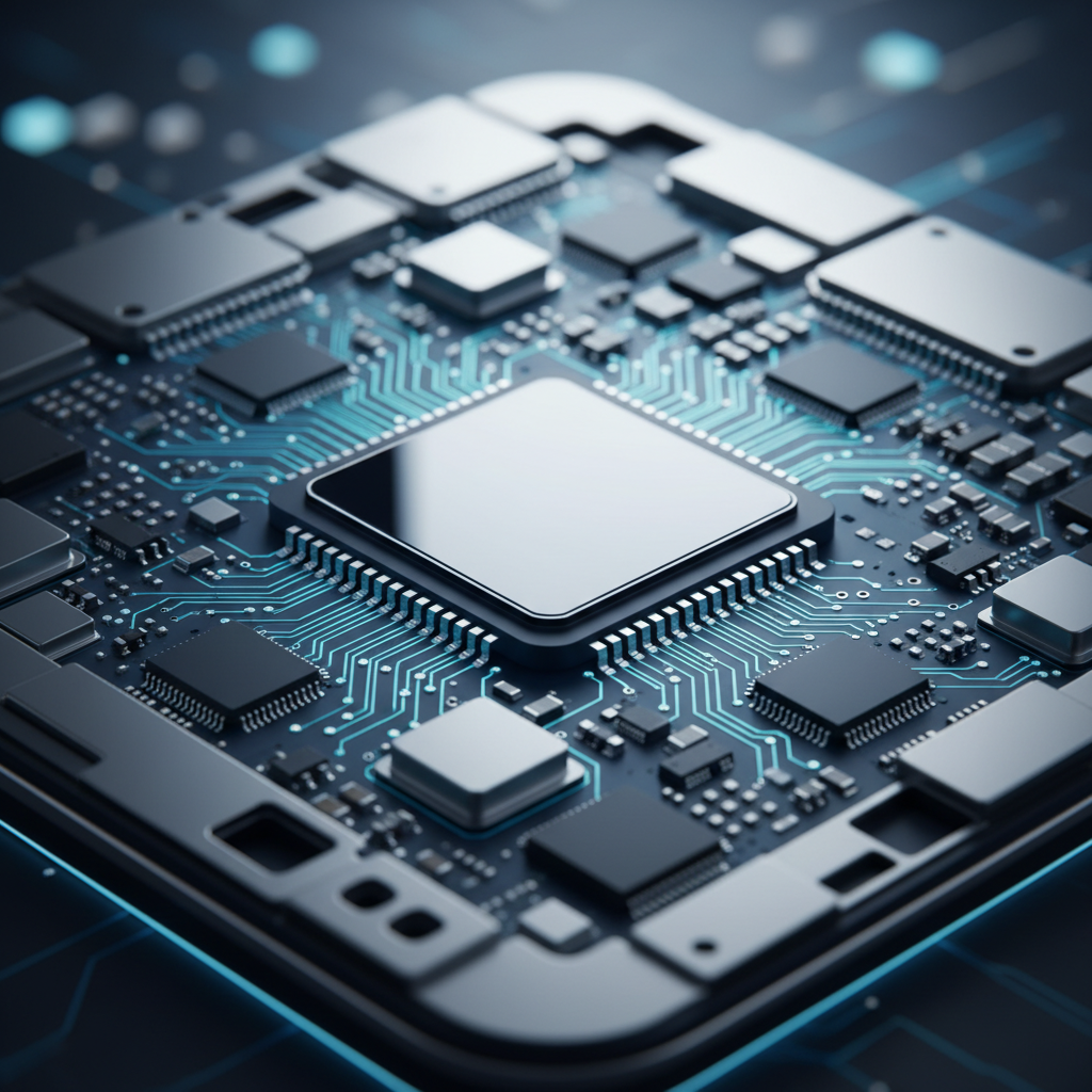 A sophisticated close-up of a futuristic smartphone internal circuit board with a prominent memory chip, sleek metallic textures, soft blue and silver ambient lighting, high-tech atmosphere, no text