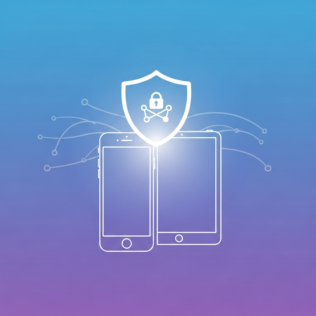 Clean infographic showing a stylized iPhone and iPad with a shield icon, representing VPN protection. Emphasize digital privacy and secure online activity on a gradient background. No visible text.