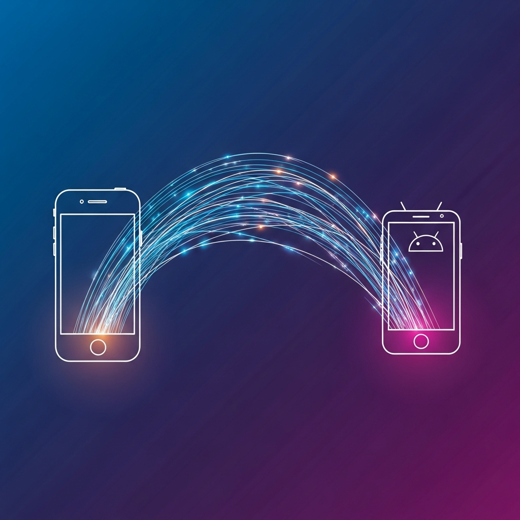 A clean infographic showing a smooth, seamless data transfer process between an iPhone and an Android phone, glowing data streams, modern layout, high contrast, colored background, no text