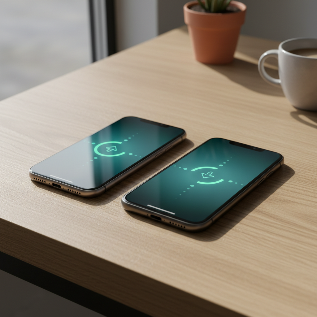A modern iPhone and an Android phone placed side by side on a wooden table, showing a wireless data transfer process, soft natural lighting, high contrast, lifestyle photography, no text