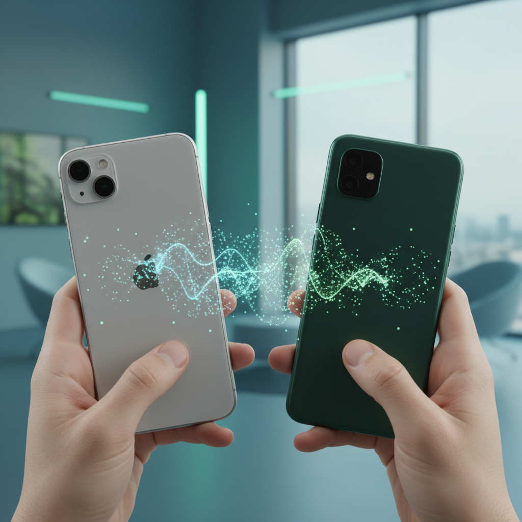 A modern smartphone user holding an iPhone and an Android phone side by side, data transfer animation effect between devices, clean tech lifestyle setting, soft blue and green lighting, no text