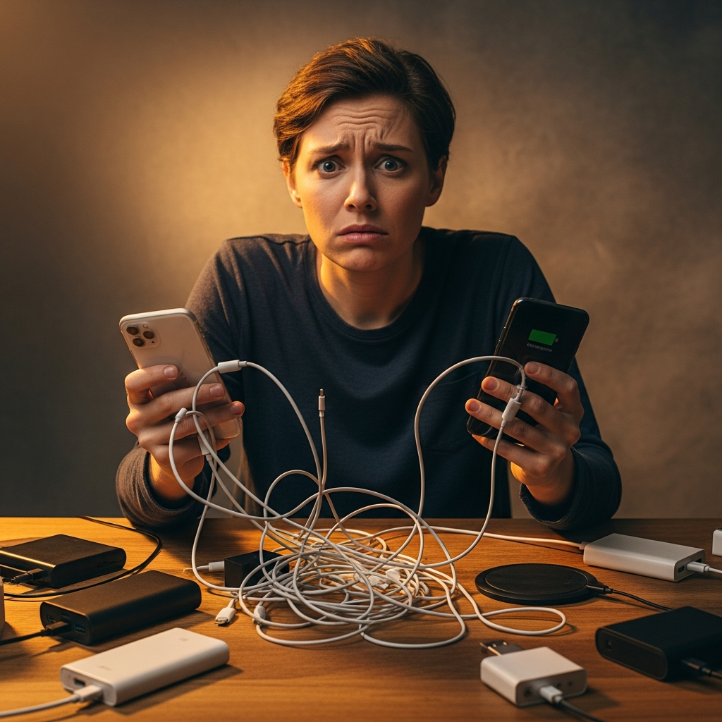 A person looking frustrated while trying to transfer data between an iPhone and an Android phone, tangled cables, a confused expression, modern tech devices, warm lighting, textured background, no text