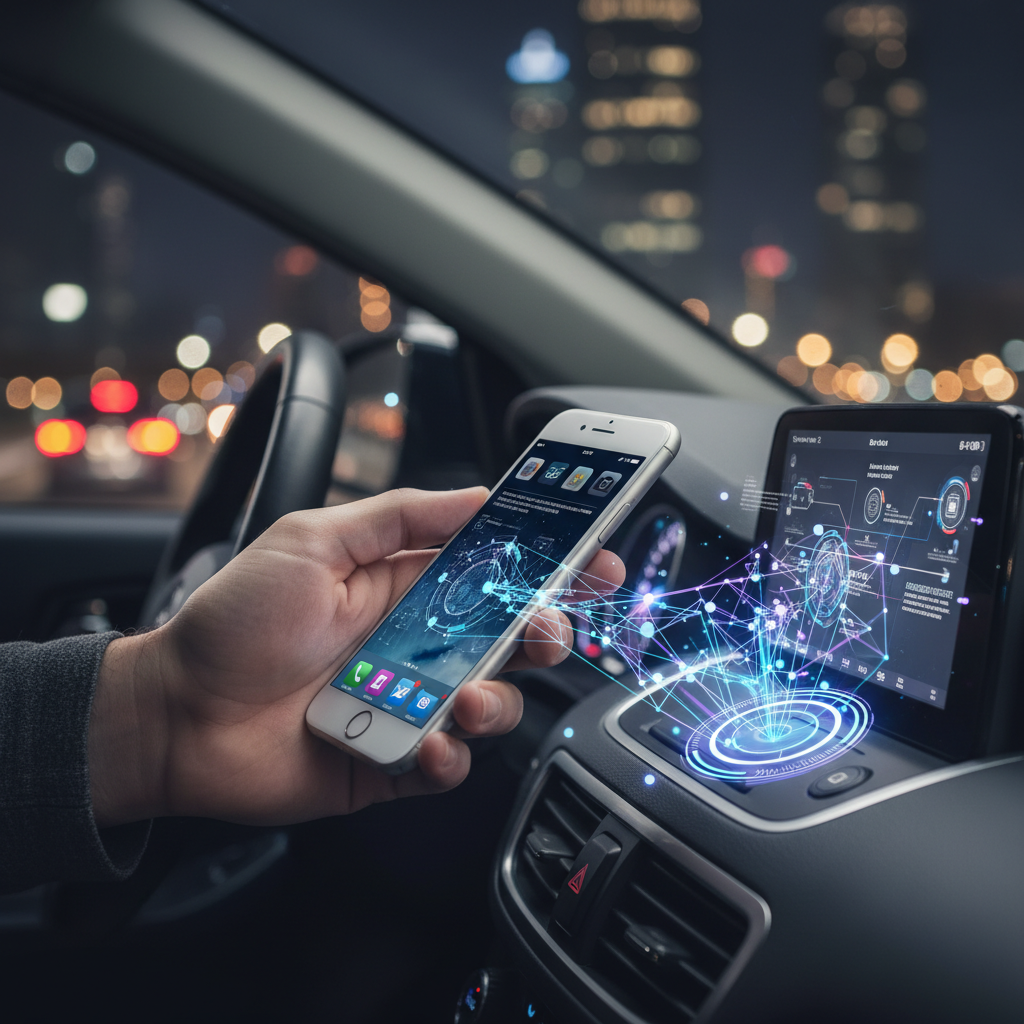 A close-up of a hand placing an iPhone near a car dashboard, seamless wireless connection concept, glowing interface elements, soft bokeh background of a city at night, no text