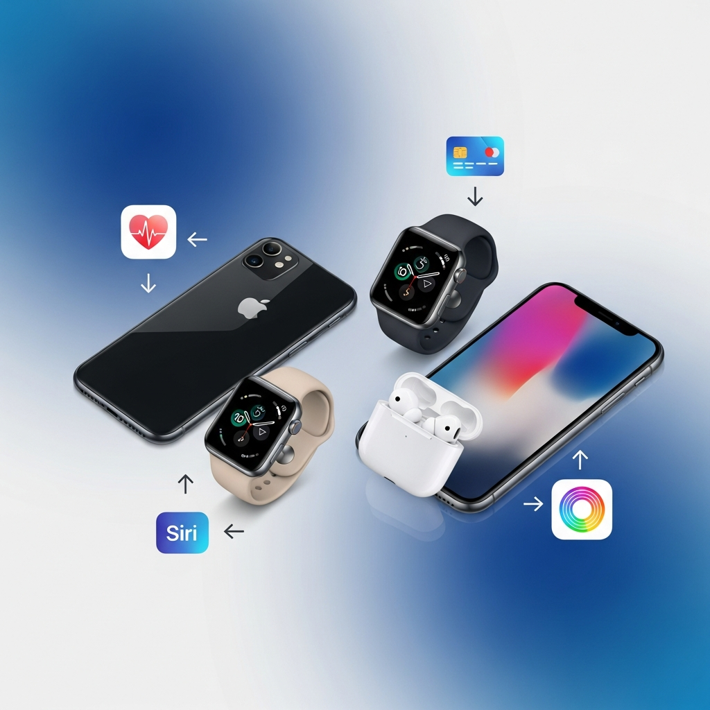 A clean infographic showing various Apple devices (iPhone, Apple Watch, AirPods) with subtle arrows pointing to new features like a redesigned health app icon, a credit card icon, and a Siri icon, all against a gradient blue and white background, modern layout, high contrast, no text.