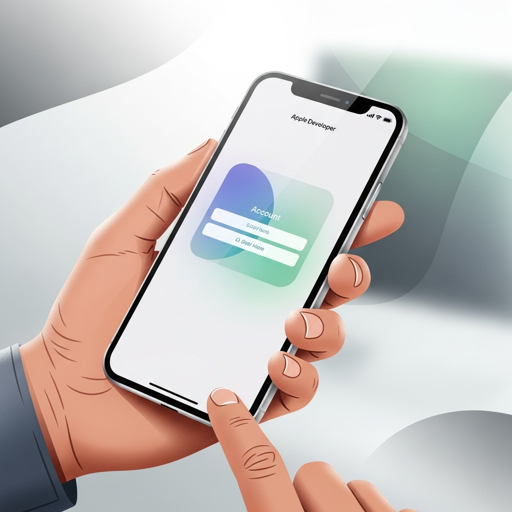 A modern illustration of a hand holding an iPhone, showing the Apple Developer app's 'Account' login screen, artistic rendering, textured background, bright lighting, no text.
