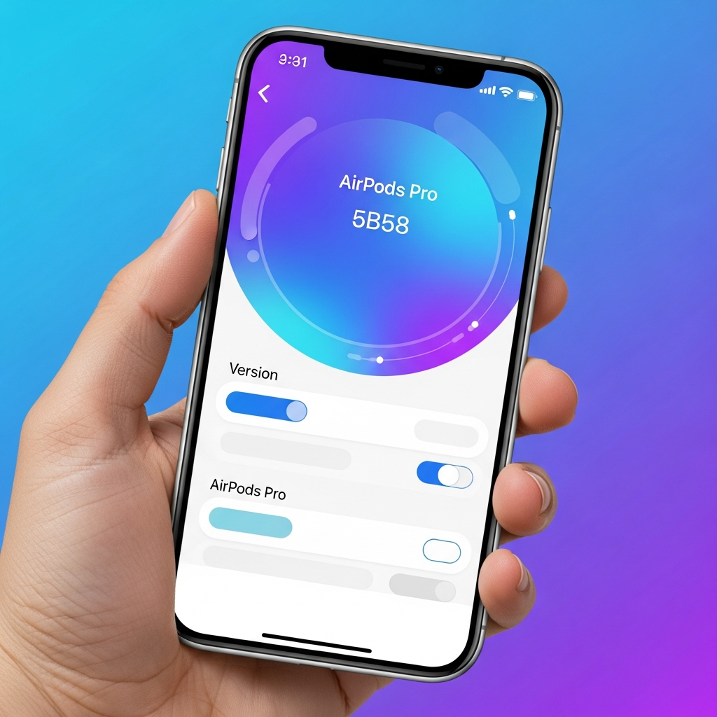 A hand holding an iPhone displaying the Bluetooth settings screen with AirPods Pro information, focusing on the version number section, clean infographic style, modern layout, high contrast, colored background, no text