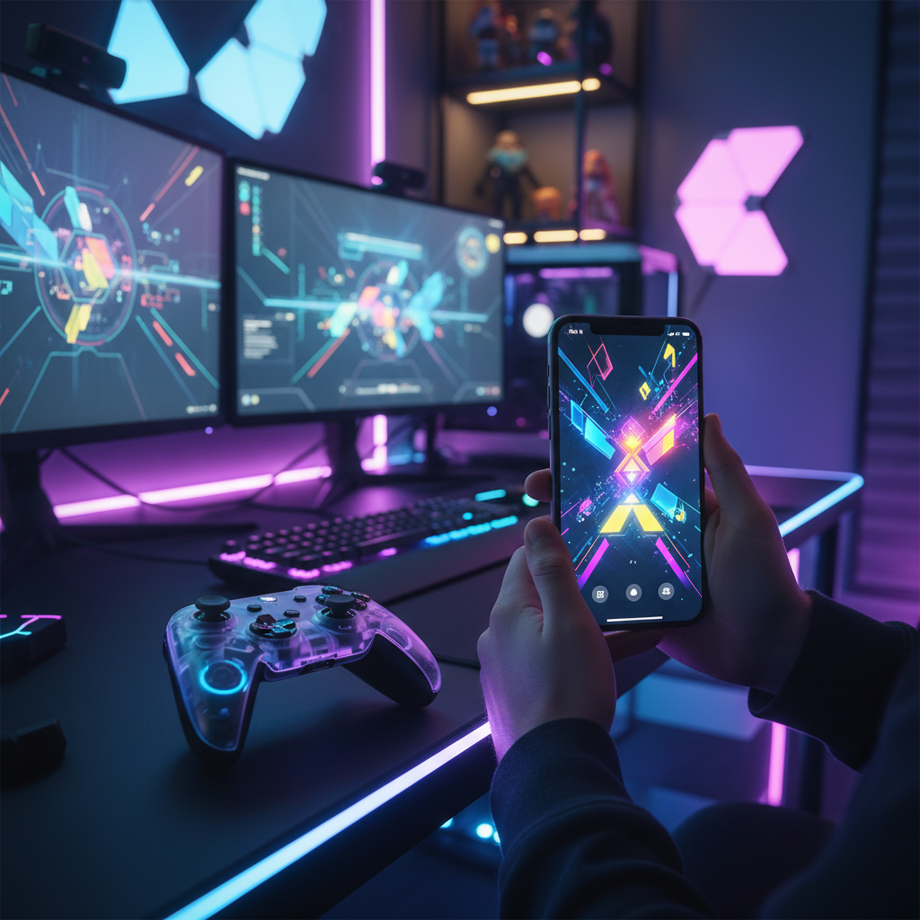Hands holding an iPhone with a colorful game screen, a gaming controller nearby, vibrant neon lighting, modern gamer room background, rich details, no text