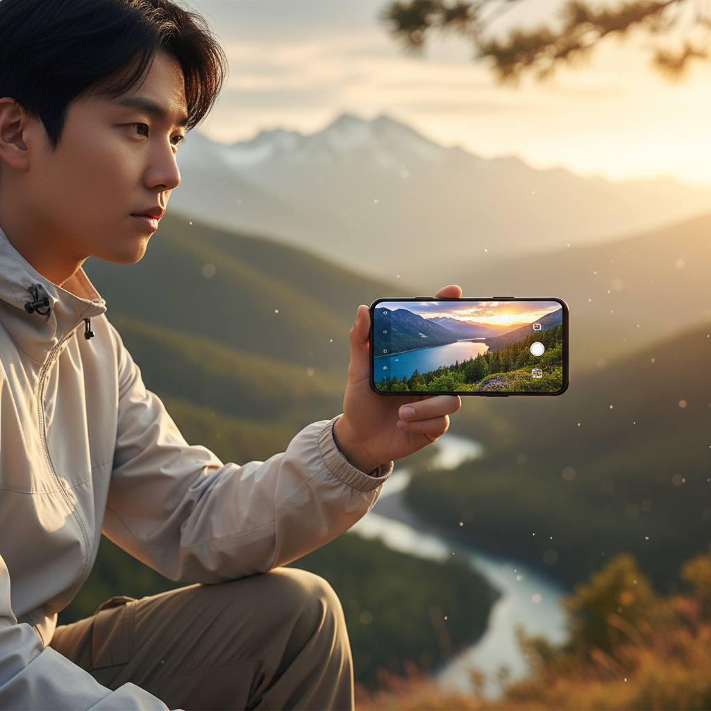 A young Korean person taking a stunning landscape photo with a sleek smartphone, vibrant colors on the screen, natural outdoor setting, soft bokeh background, 4:3