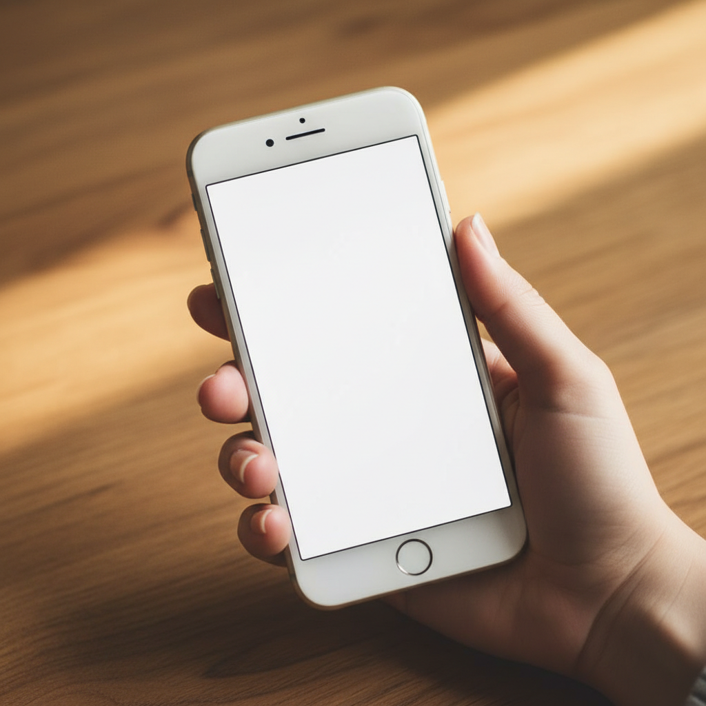 Close-up of a hand holding an iPhone displaying a clean reading interface, soft focus on a warm wooden table background, high contrast, no text