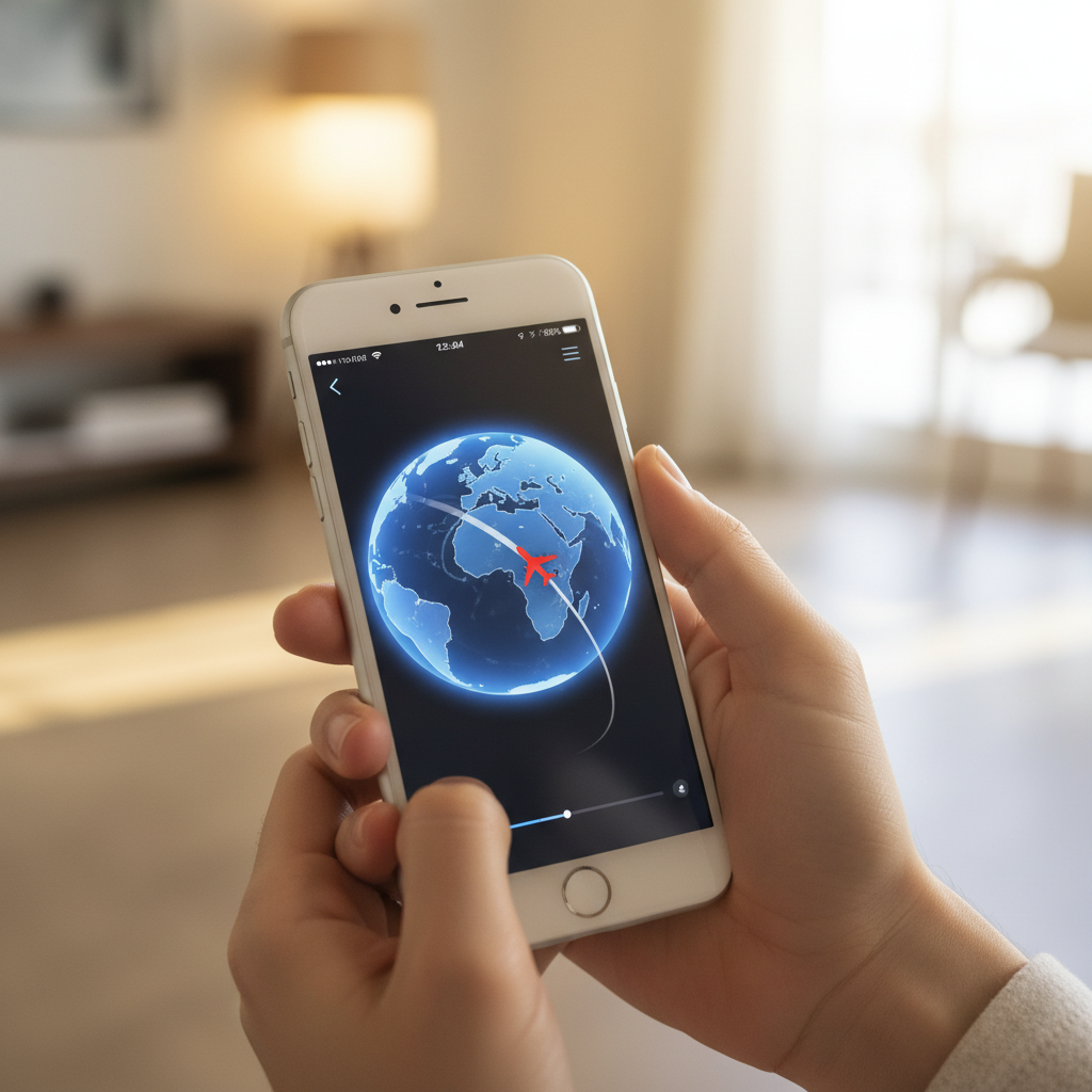 A person holding an iPhone displaying a real-time flight map with a plane icon moving over a digital globe, warm indoor lighting, modern lifestyle photography, Korean hand appearance, no text