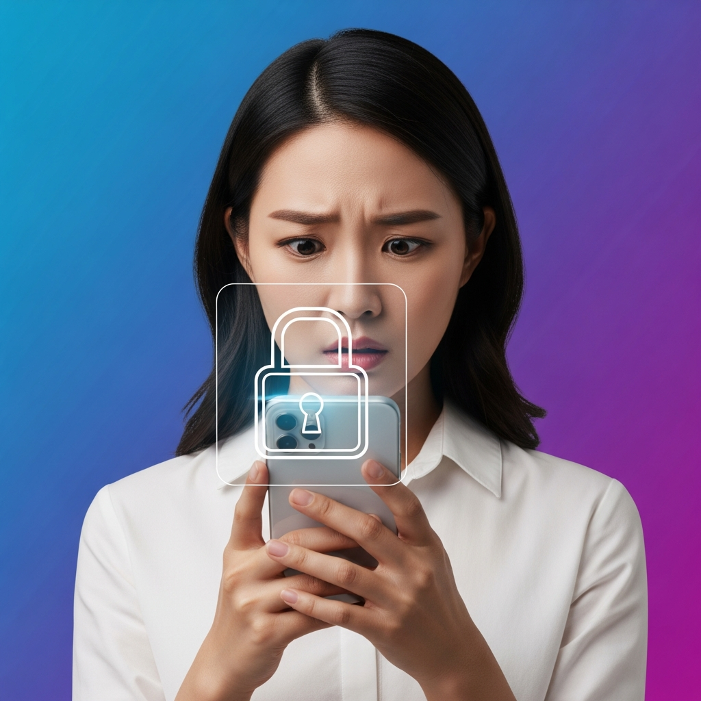 A worried Korean woman looking at her iPhone, digital lock icon superimposed, clean infographic style, high contrast, blue and purple gradient background, no visible text.