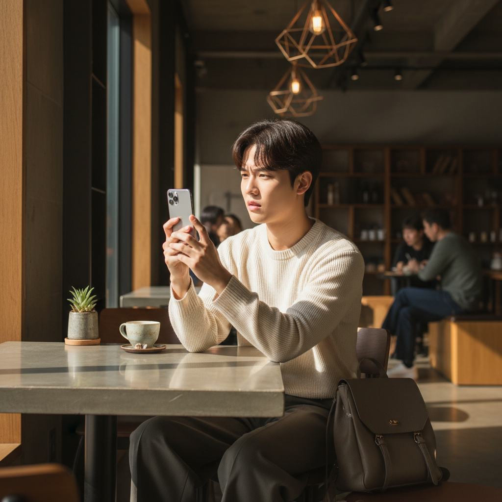 A young Korean person looking at their iPhone screen with a confused but curious expression in a modern cafe, lifestyle photography, warm natural lighting, high contrast, no text