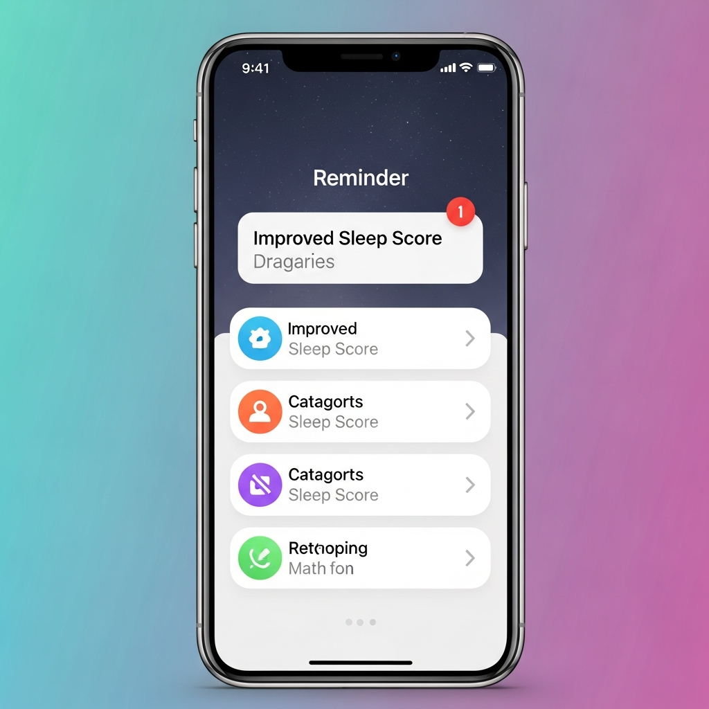 A clean infographic showing an iPhone displaying improved Sleep Score categories and a reminder notification taking up the full screen, modern layout, high contrast, colored background, no text