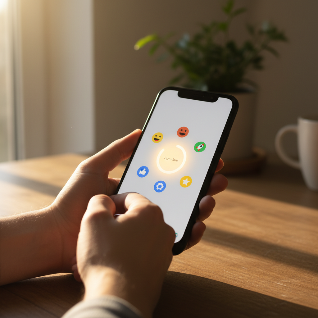 Hands holding a sleek Google Pixel phone showing a system update screen with emoji icons, natural sunlight, warm lighting, no text