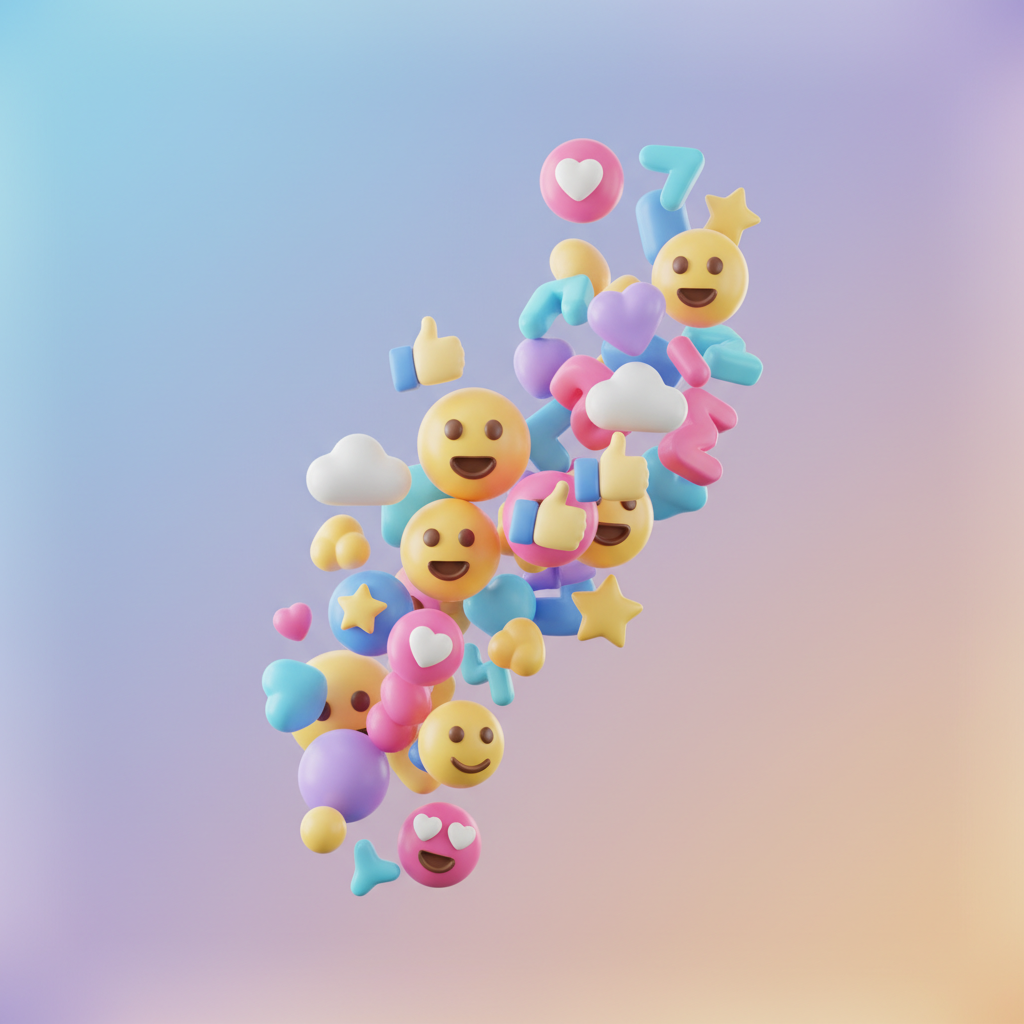 A vibrant collection of colorful 3D emojis floating in the air, modern smartphone interface style, soft gradient background, no text