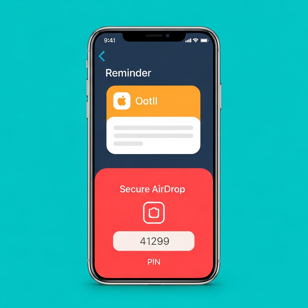 A visual representation of an iPhone showing a full-screen reminder notification and a secure AirDrop transaction with a PIN code, clean infographic, modern layout, high contrast, colored background, no text