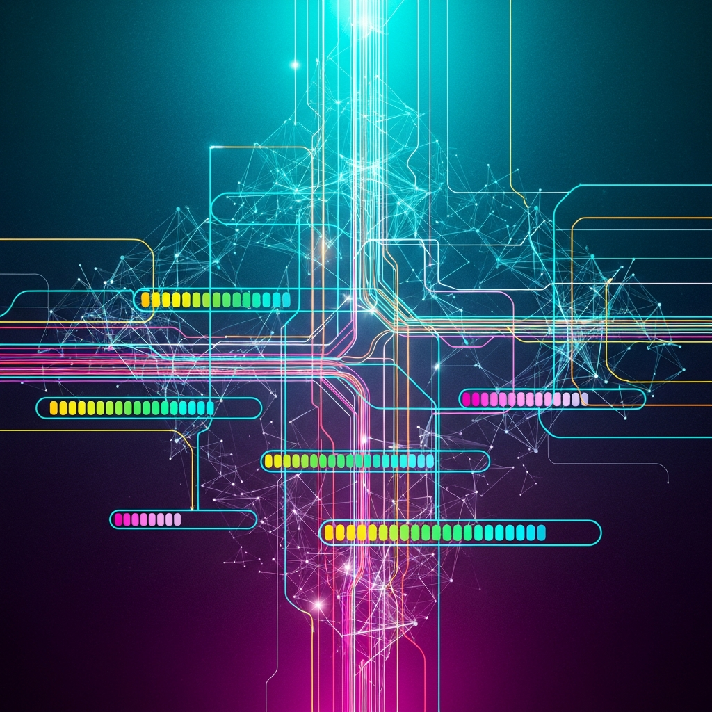 A stylized infographic depicting a complex network of data and AI processing, with a visual representation of progress bars, some of which are lagging compared to others. Focus on abstract data flow rather than specific charts, bright lighting, textured gradient background, no text.