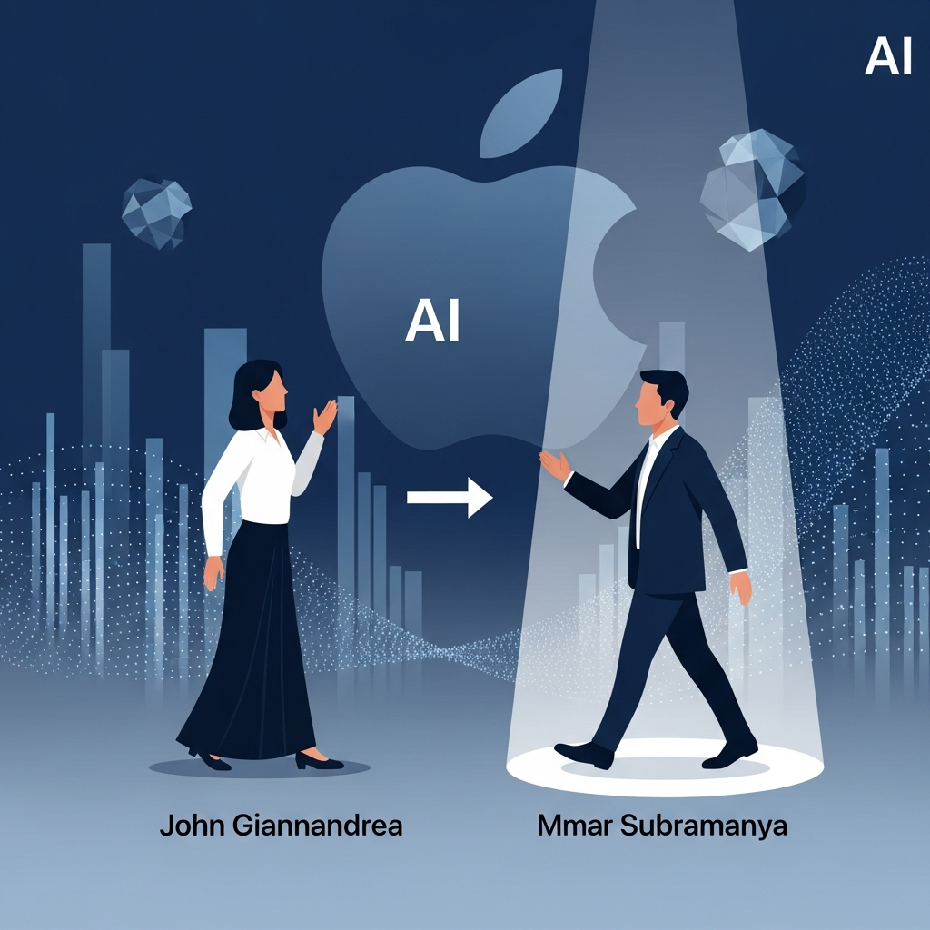An elegant, modern infographic showing a transition in leadership for Apple's AI division. One figure, representing John Giannandrea, is gracefully stepping aside, while another, representing Amar Subramanya, is stepping forward into a spotlighted position. The background features subtle Apple branding elements and abstract data flow patterns, symbolizing AI. Clean, high contrast, colored background. No text. Korean appearance for figures, natural expression, centered focus.