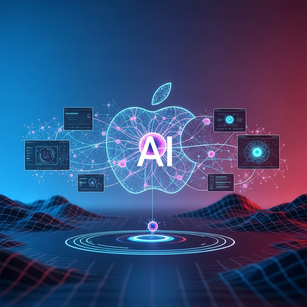 A visionary, clean infographic illustrating the bright future of Apple AI. A stylized Apple logo seamlessly integrates with interconnected neural networks and intelligent interfaces, symbolizing innovation and comprehensive integration across all Apple products. The background is a vibrant, gradient tech landscape. High contrast, modern aesthetic. No text. Centered focus.