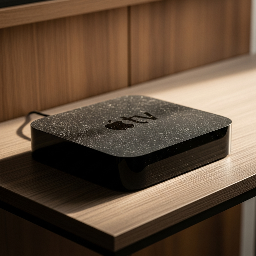 A thin layer of dust on an Apple TV device, symbolizing it as a neglected or secondary product. Style: lifestyle photography, warm lighting, natural setting. No visible text. Background: wooden console table with subtle texture.
