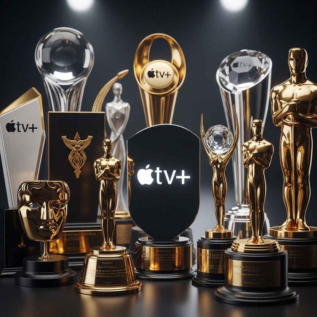 The Apple TV+ logo subtly integrated with several shining awards and trophies, elegant composition, reflective surfaces, a dark and sophisticated background, no text