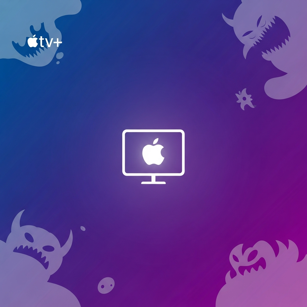 Clean infographic showing a news announcement about a new Apple TV+ spin-off series, featuring abstract elements representing monsters and a TV screen icon, modern layout, high contrast, gradient blue and purple background, no text