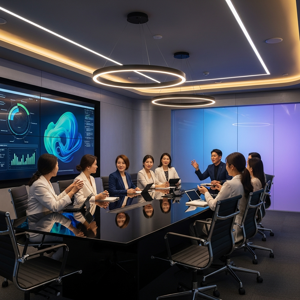A modern, high-tech corporate meeting room with diverse professionals engaged in a discussion, sleek design, warm ambient lighting, colored background, no text, Korean appearance for people