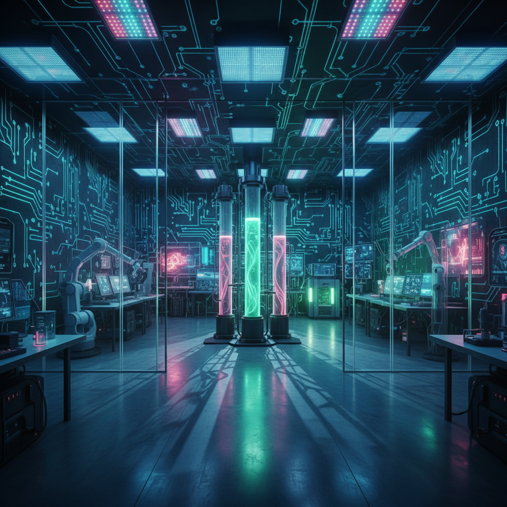 A modern tech laboratory setting with glowing circuit patterns on the walls, high-tech atmosphere, vibrant lighting, no text