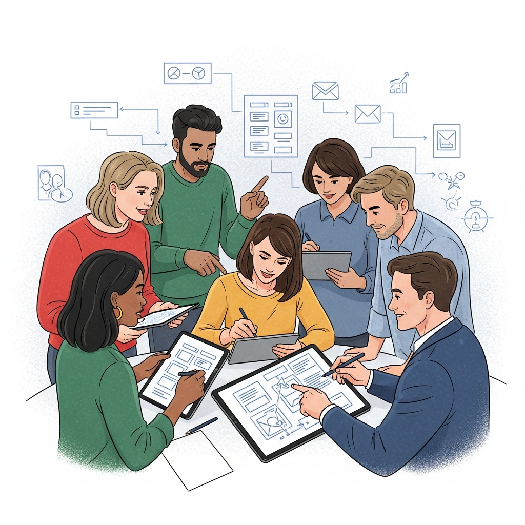 A modern, hopeful illustration of a diverse design team collaboratively sketching and prototyping on tablets, focusing on user experience. They are surrounded by subtle, intuitive UI elements. The atmosphere is collaborative and innovative, with soft, balanced lighting. Style: illustration, artistic rendering, textured background. No text.