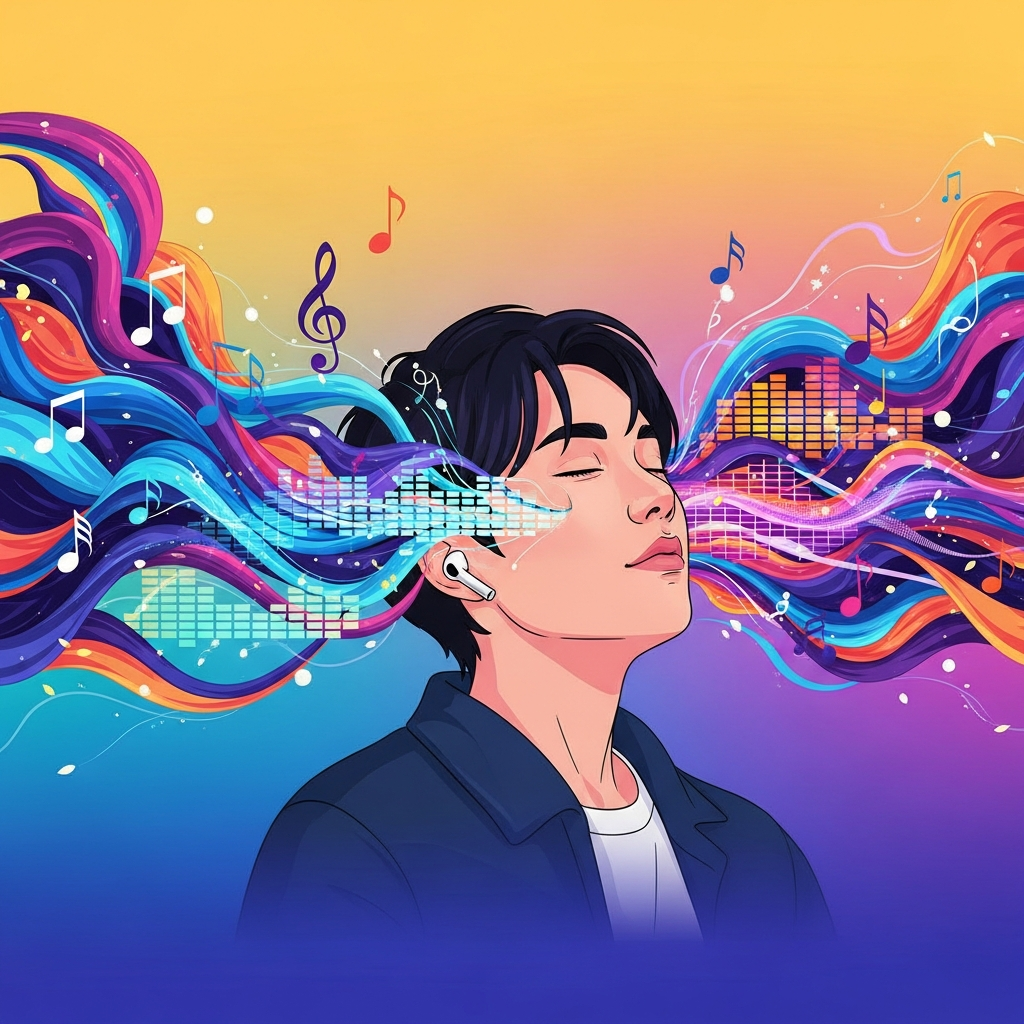 A person enjoying music with AirPods, surrounded by dynamic sound waves and musical elements blending seamlessly, representing Apple Music AutoMix. Illustration, vibrant colors, gradient background, Korean appearance, no text.