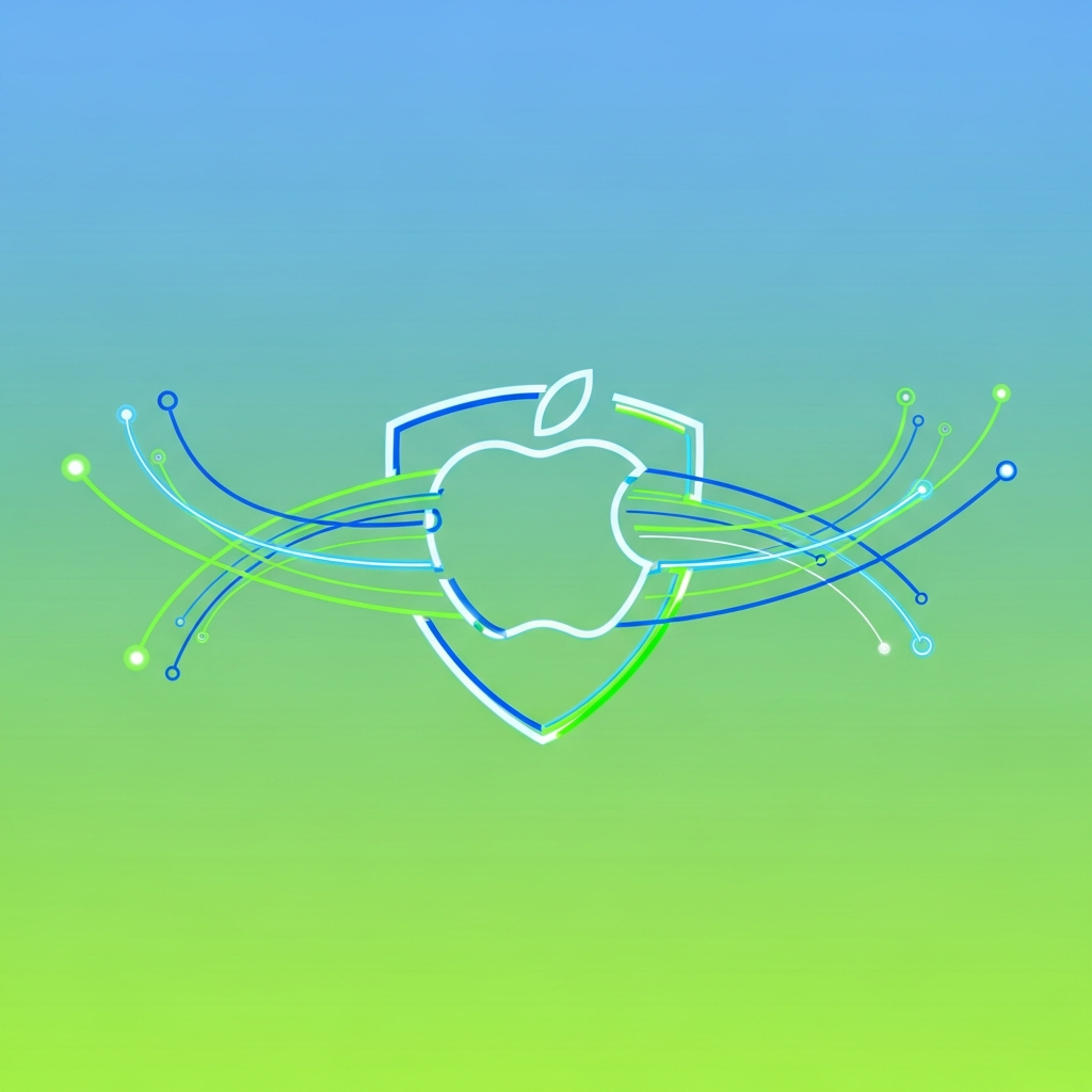 A futuristic, clean graphic showing a stylized Apple logo transforming into a digital shield, surrounded by glowing lines representing data protection. The background is a soft, optimistic gradient of blue and green, suggesting security and progress. No text, minimalist design.