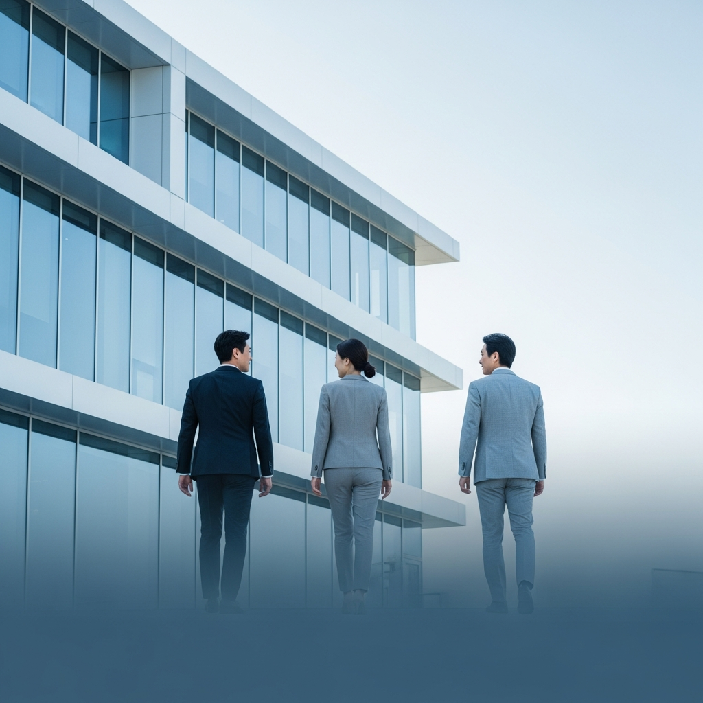 Lifestyle photography of people walking away from a modern, sleek corporate building, representing executives leaving, with a clean, gradient background in cool tones, centered focus, no text, Korean appearance.