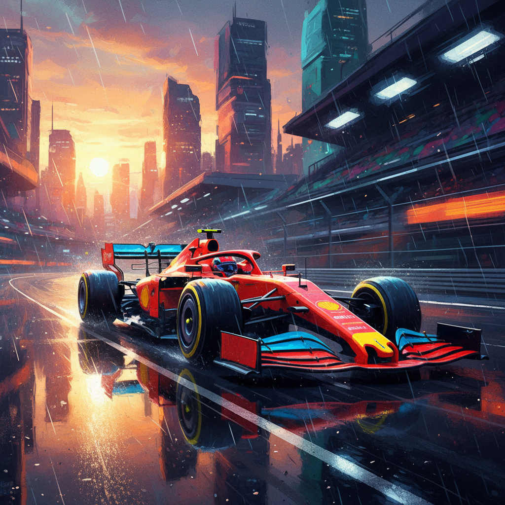 High-speed Formula 1 car racing on a track, cinematic lighting, vibrant colors, artistic rendering, textured background, no text