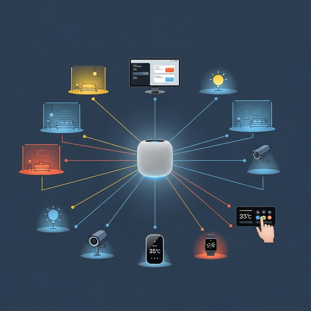 A futuristic depiction of Apple's integrated smart home ecosystem, with HomePad at the center, controlling various smart accessories, clean infographic style, modern layout, high contrast, colored background, no text