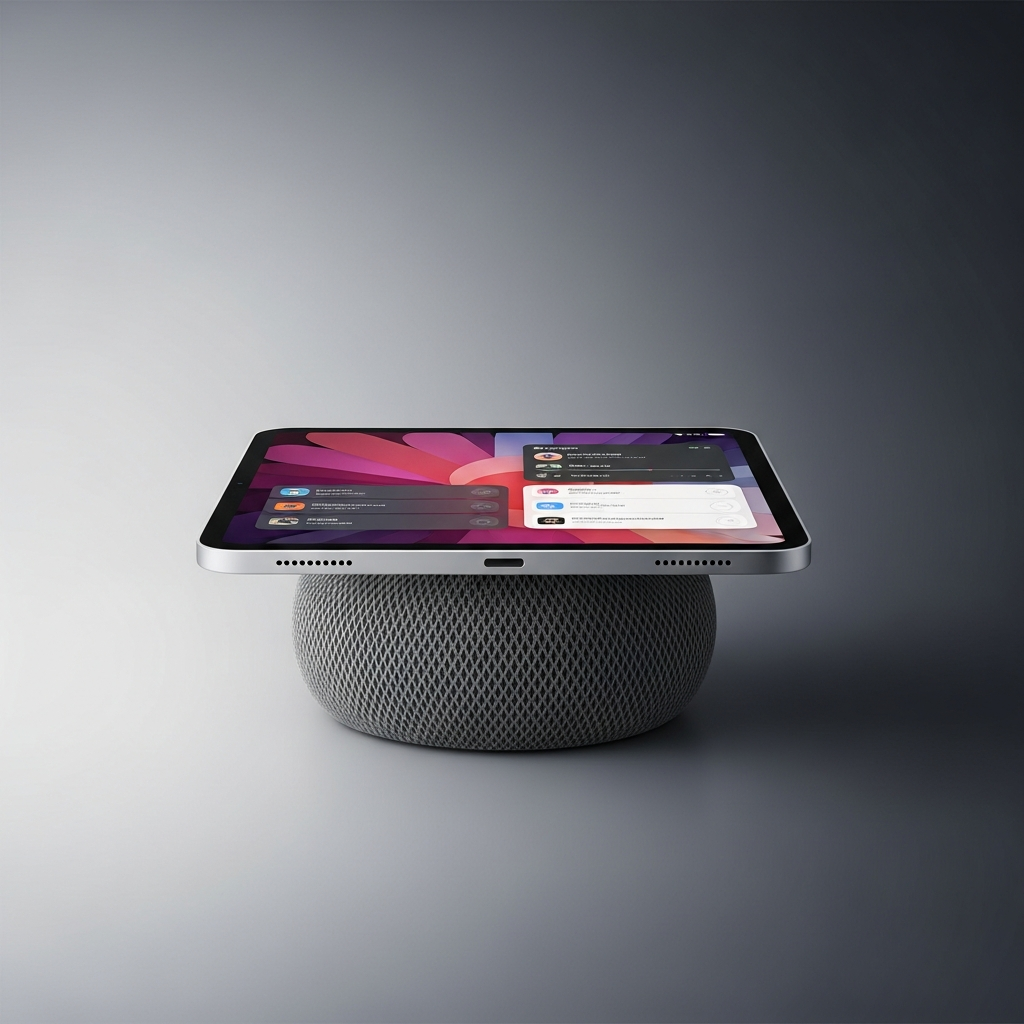 A conceptual design of Apple's smart home hub, HomePad, combining iPad and HomePod elements, sleek, modern, with a square display and integrated speaker, on a gradient background, no text