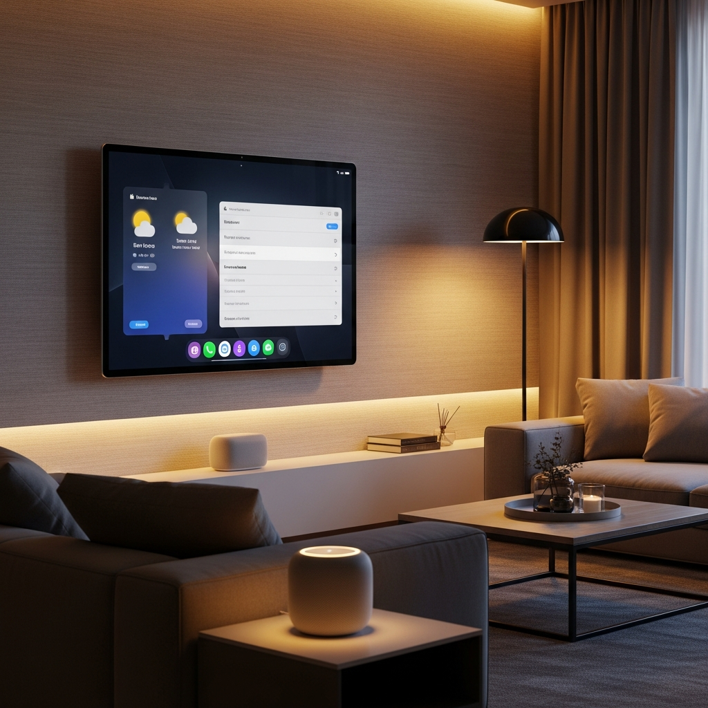 A modern living room with integrated smart home devices, subtly featuring Apple-like interfaces on a smart display and a HomePod, with comfortable, warm lighting and a cozy, textured background, no text.